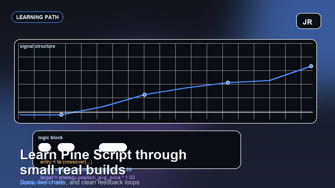 Pinescript learning path cover with a dark charting desk and education framing