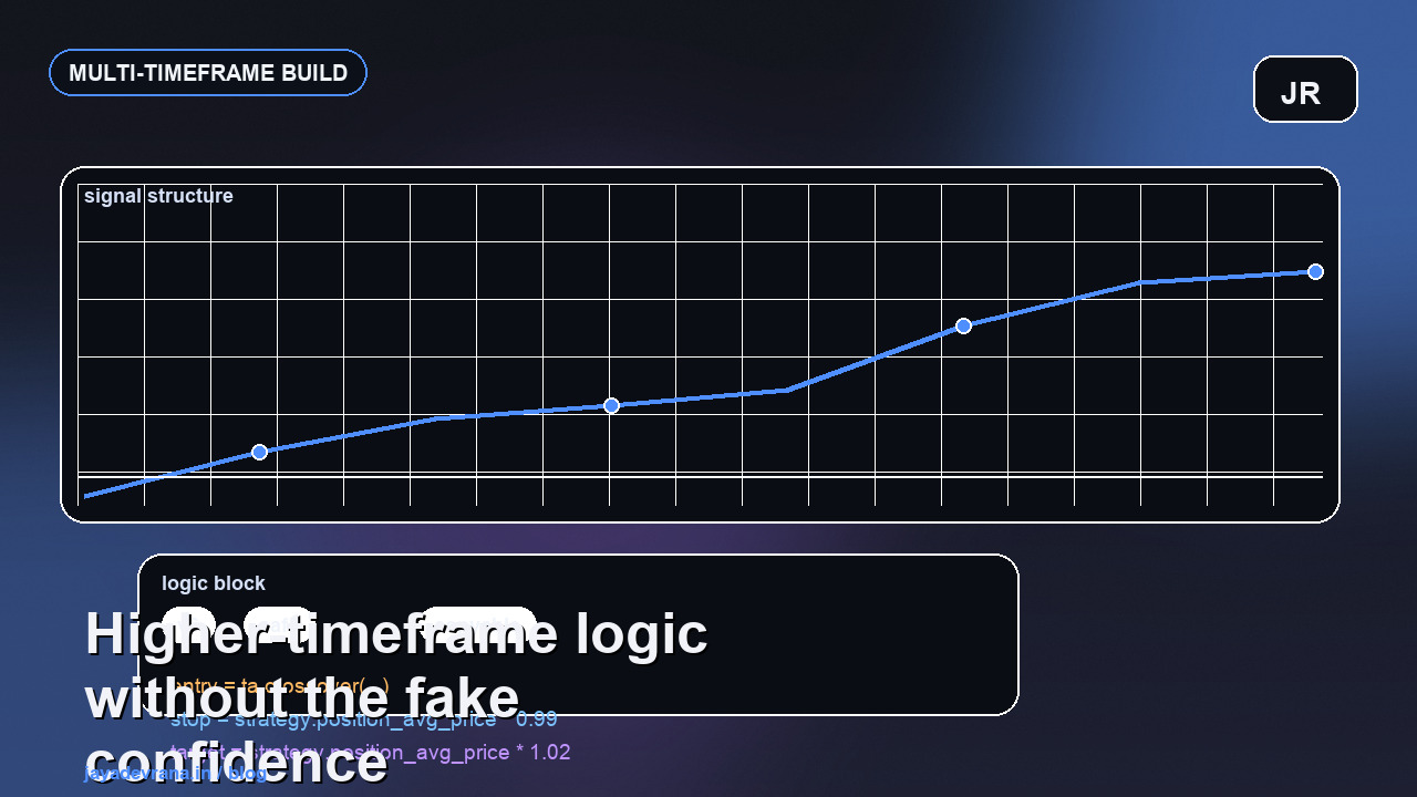 Multi-timeframe Pine Script workflow visual on a dark trading desk