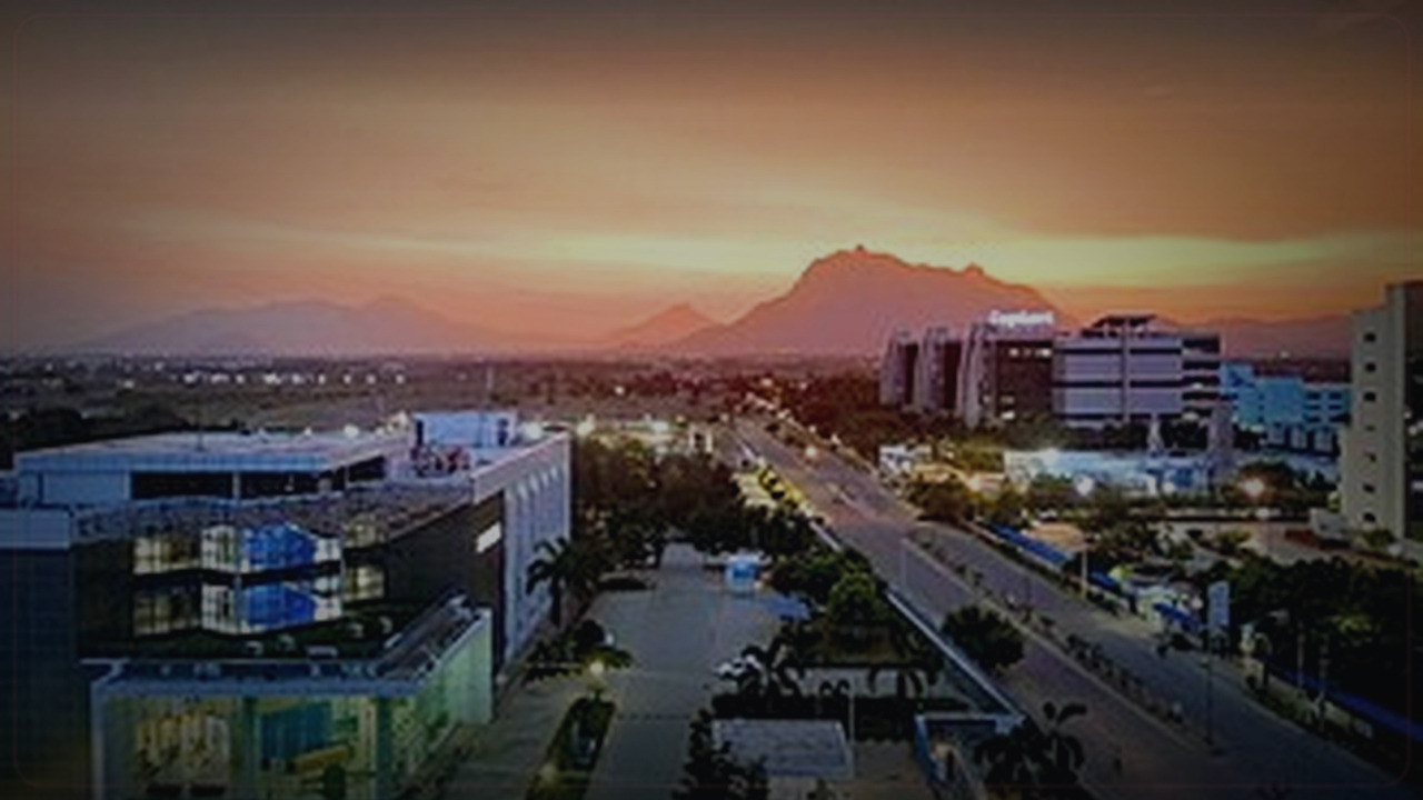 Coimbatore India skyline themed Pine Script service cover with dark market grading