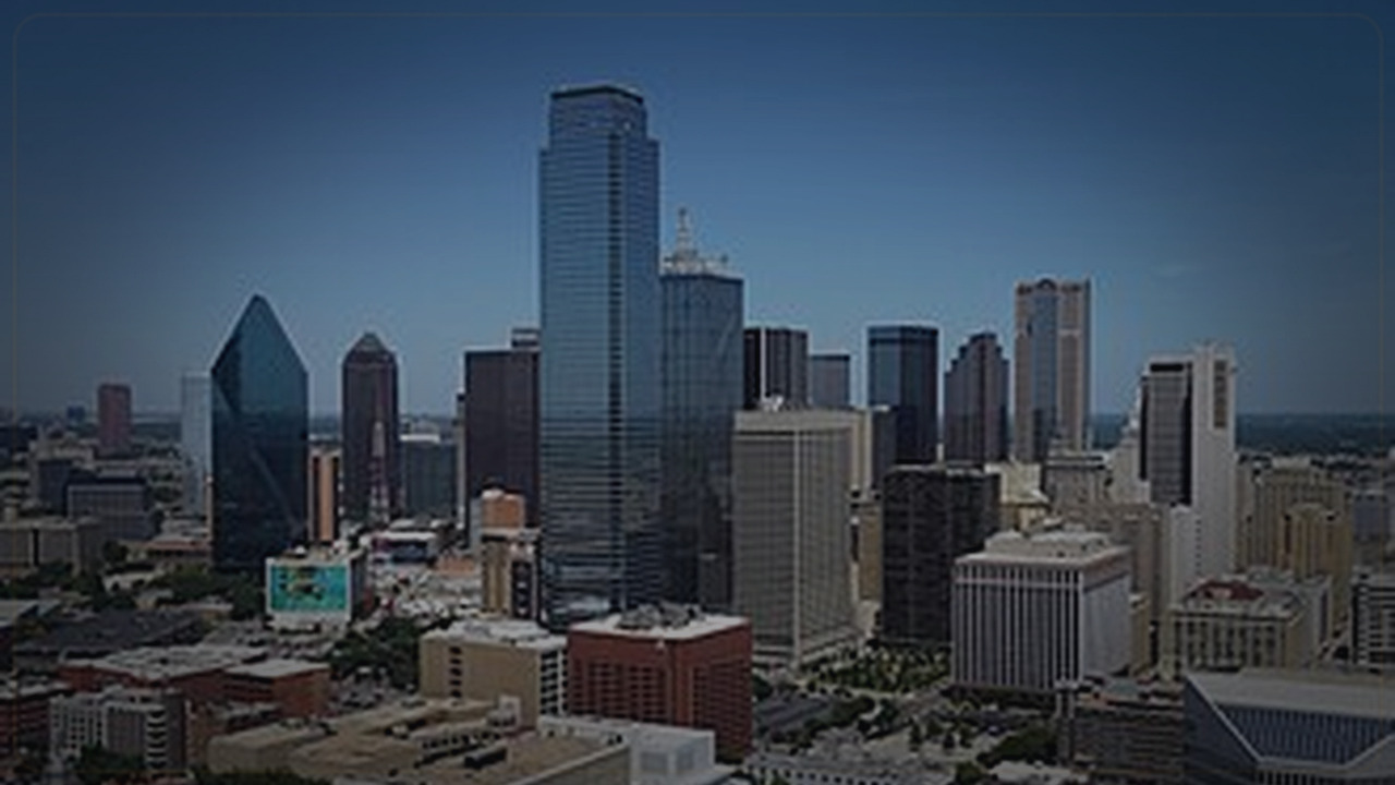 Dallas skyline themed Pine Script service cover with dark market grading