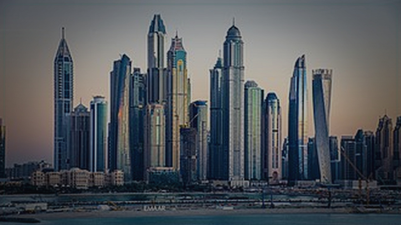 Dubai Marina themed Pine Script service cover with dark market visuals