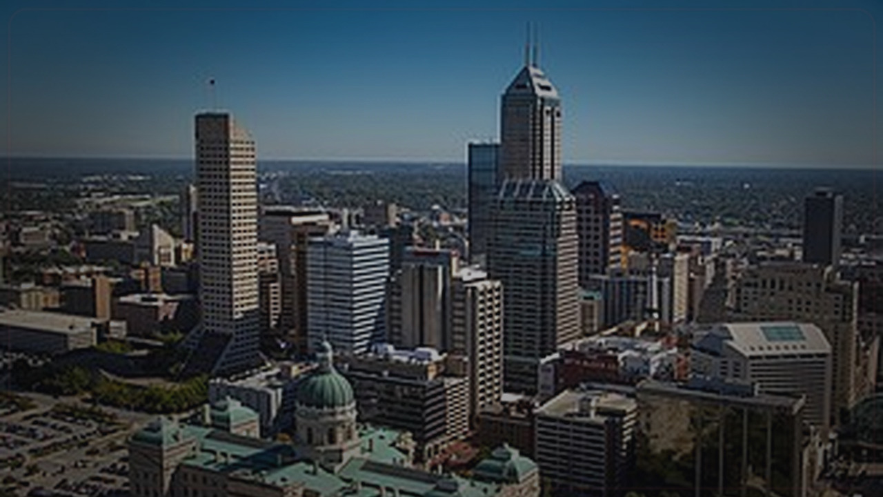 Indianapolis skyline themed Pine Script service cover with dark market grading
