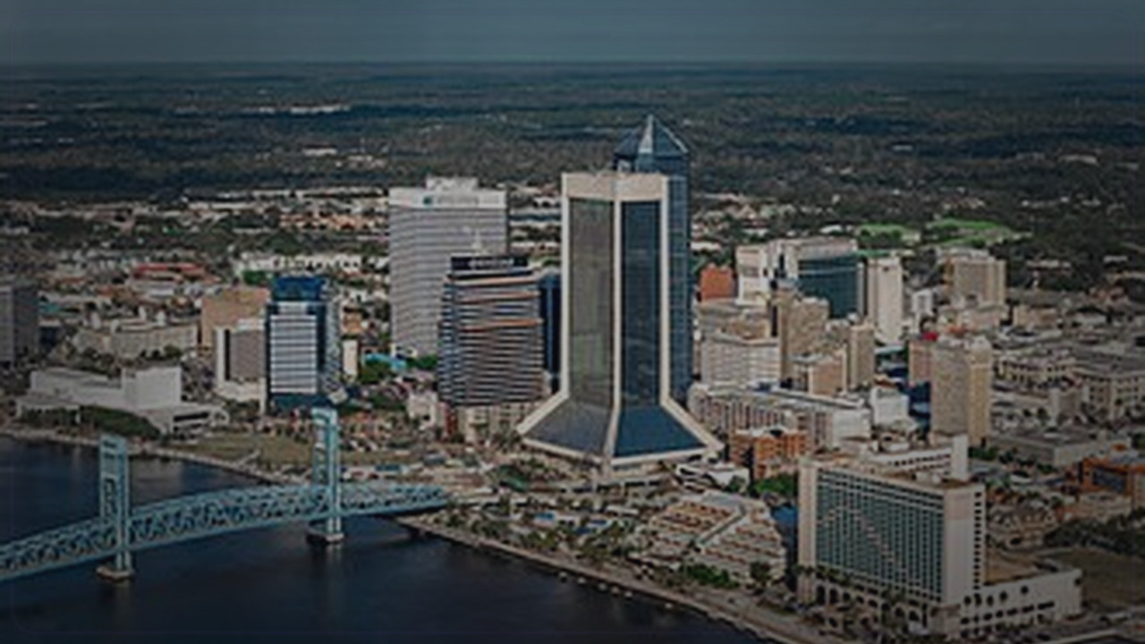 Jacksonville skyline themed Pine Script service cover with dark market grading