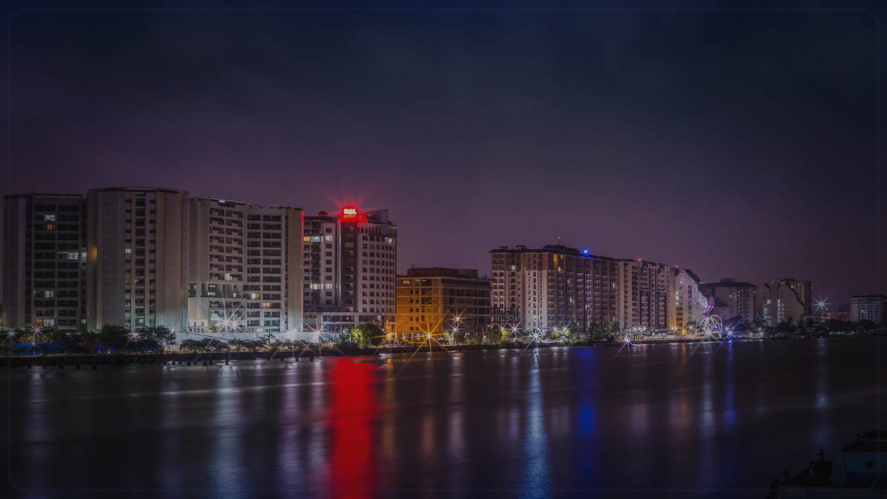 Kochi India skyline themed Pine Script service cover with dark market grading