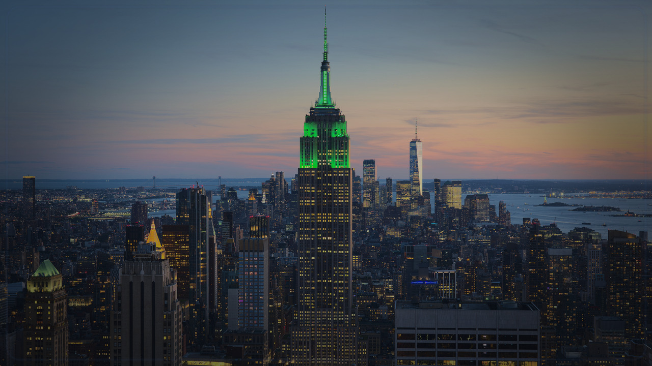 New York City skyline themed Pine Script service cover with dark market grading