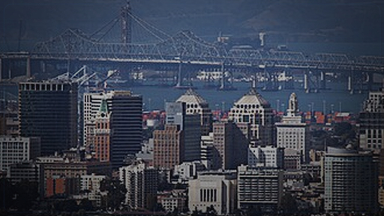 Oakland skyline themed Pine Script service cover with dark market grading