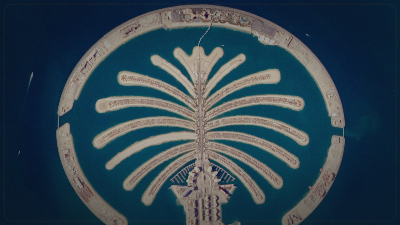 Palm Jumeirah Dubai themed premium Pine Script service cover with dark cinematic visuals