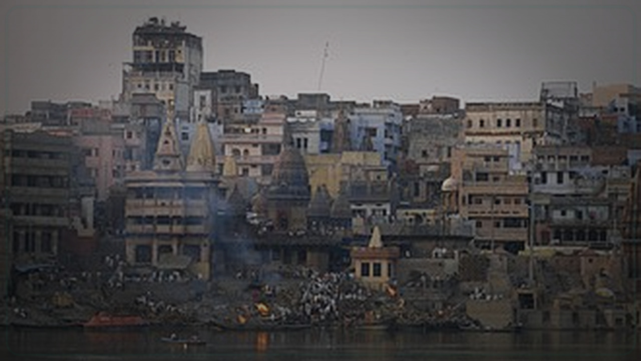 Varanasi India skyline themed Pine Script service cover with dark market grading