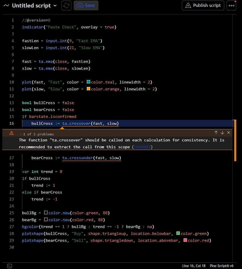 A yellow warning: the crossover moved inside an if block. The script still compiles and runs, and F8 shows the advice.